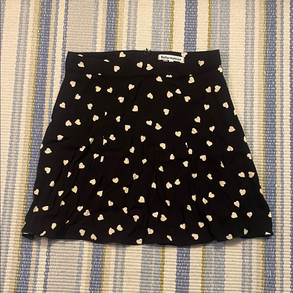Reformation Black Mini Skirt with White Heart Pattern